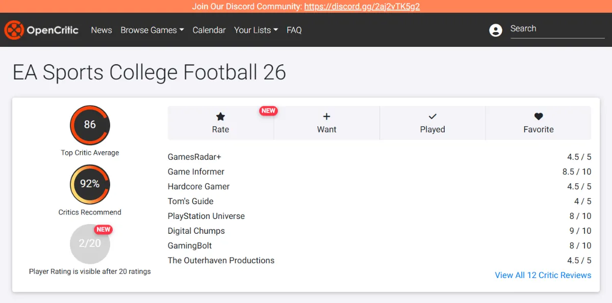 نمرات بازی A Sports College Football 26